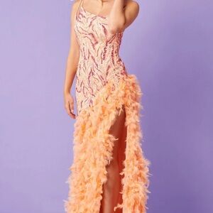 Elegant Peach Feathered prom or pageant dress.